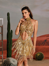 Sequin Fringe Halter Neck Crystal Lattice Cut Out Mini Dress