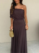 Strapless Ruched Mesh A-Line Maxi Dress