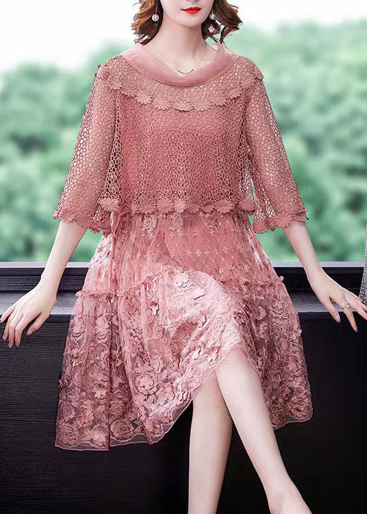Crochet Lace Overlay Half Sleeve Embroidered Mesh Midi Dress