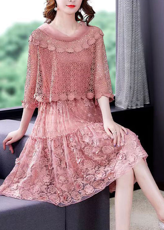 Pink O-Neck Ruffled Patchwork Lace Dress Half Sleeve 2