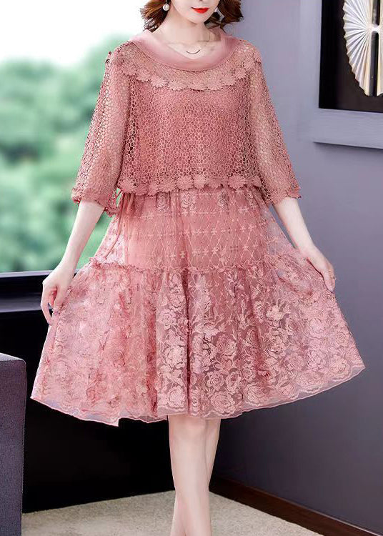 Pink O-Neck Ruffled Patchwork Lace Dress Half Sleeve 3