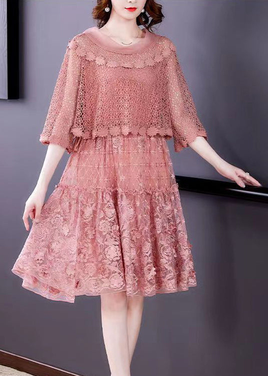 Pink O-Neck Ruffled Patchwork Lace Dress Half Sleeve 4