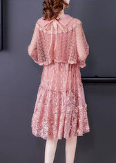 Pink O-Neck Ruffled Patchwork Lace Dress Half Sleeve 5