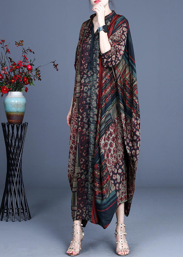 Patchwork Animal Print V-Neck Mandarin Collar Pocket Oversized Maxi Dress
