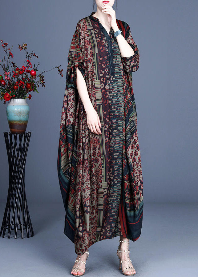Patchwork Animal Print V-Neck Mandarin Collar Pocket Oversized Maxi Dress