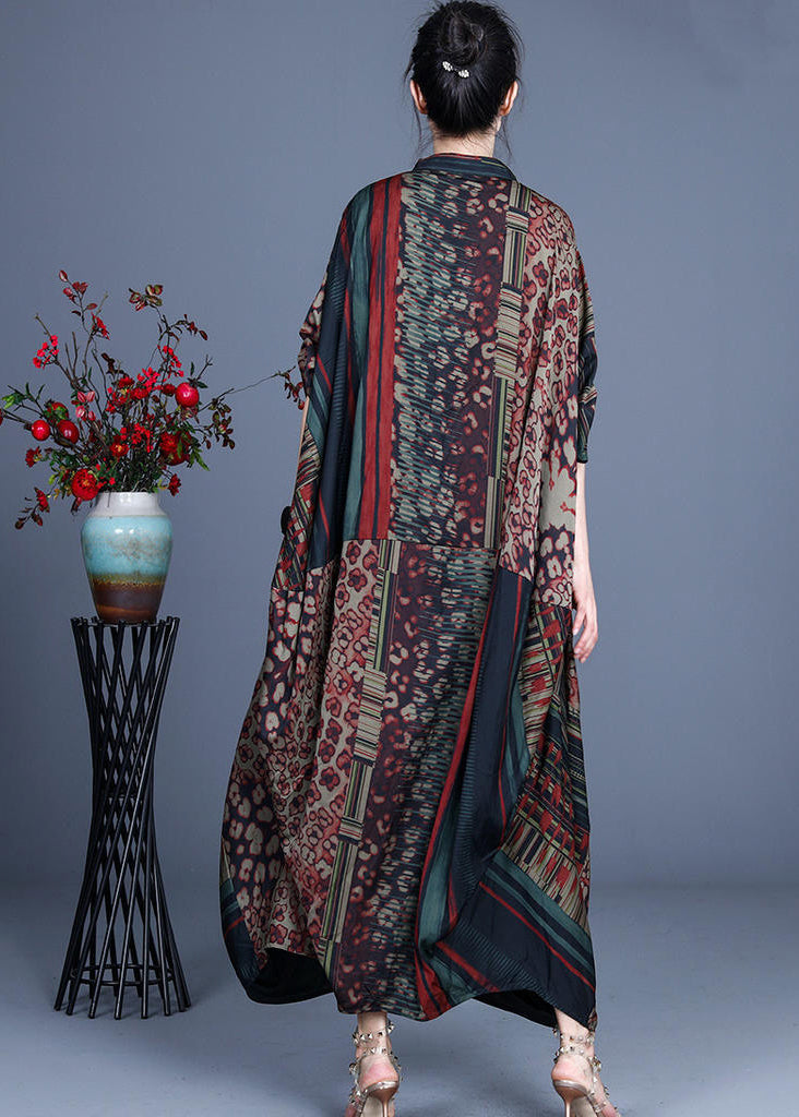 Patchwork Animal Print V-Neck Mandarin Collar Pocket Oversized Maxi Dress