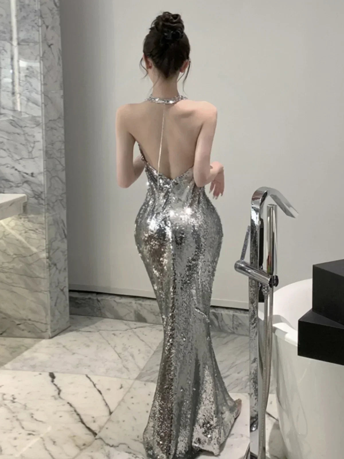 Sequin Cowl Halter Neck Backless Mermaid Maxi Dress 5