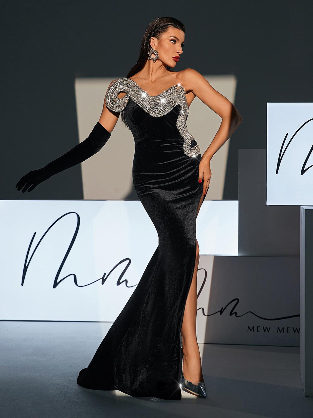 Strapless Wave Crystal Velvet Maxi Dress 3