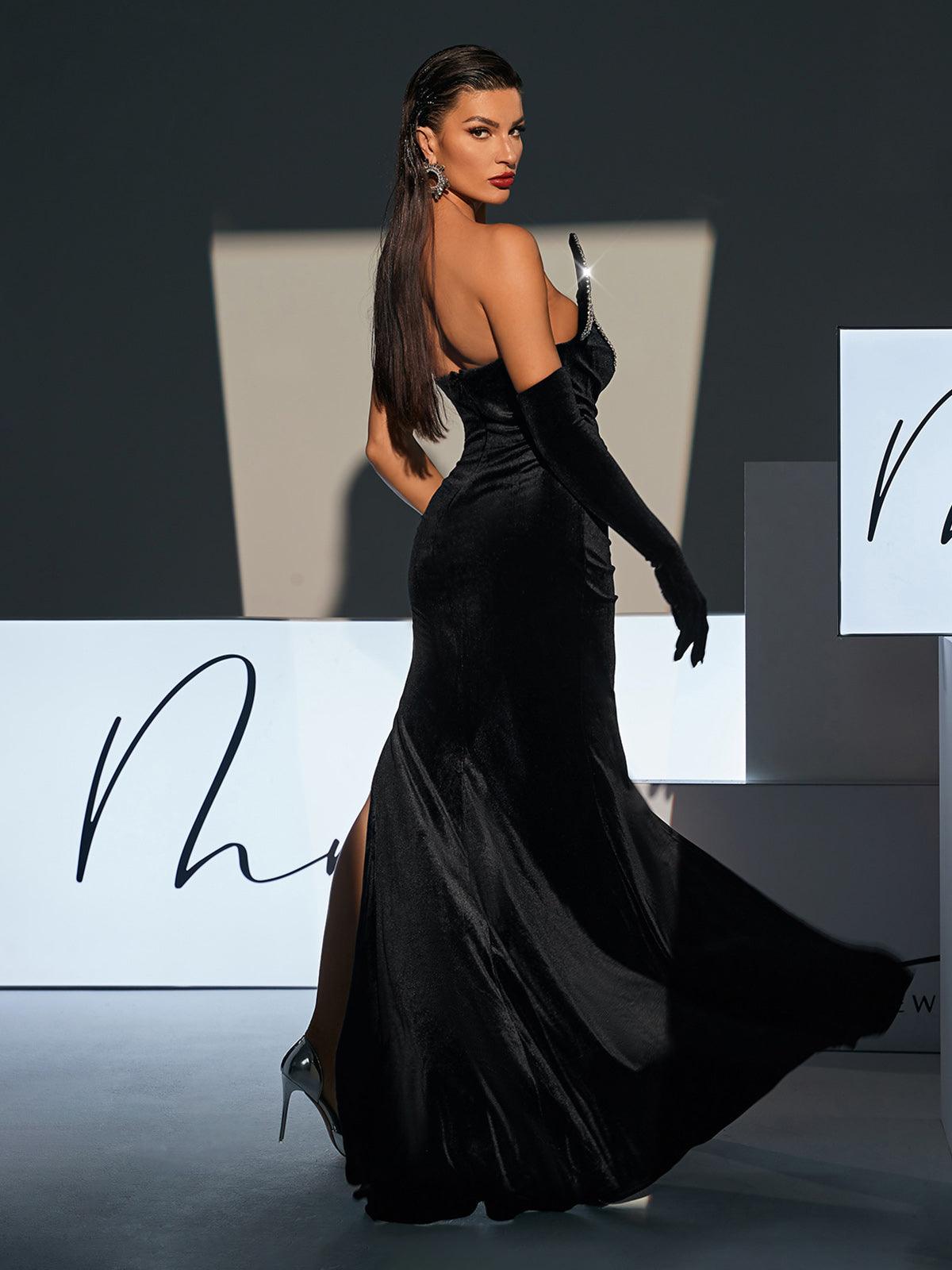 Strapless Wave Crystal Velvet Maxi Dress 7
