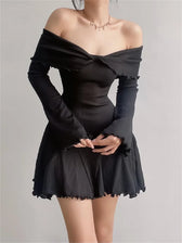 Off Shoulder Long Sleeve Twist Front Ribbed Knit Mini Dress