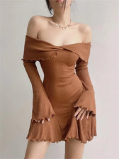 Off Shoulder Long Sleeve Twist Front Ribbed Knit Mini Dress 4