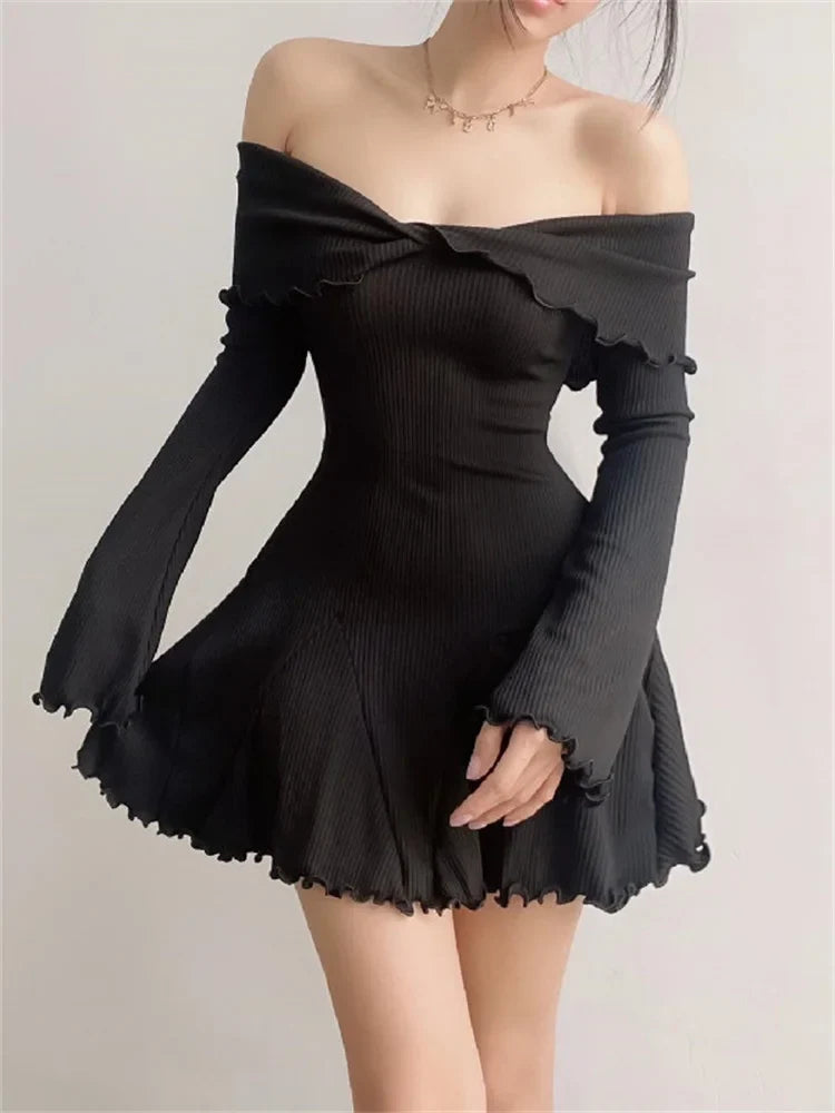 Off Shoulder Long Sleeve Twist Front Ribbed Knit Mini Dress 2