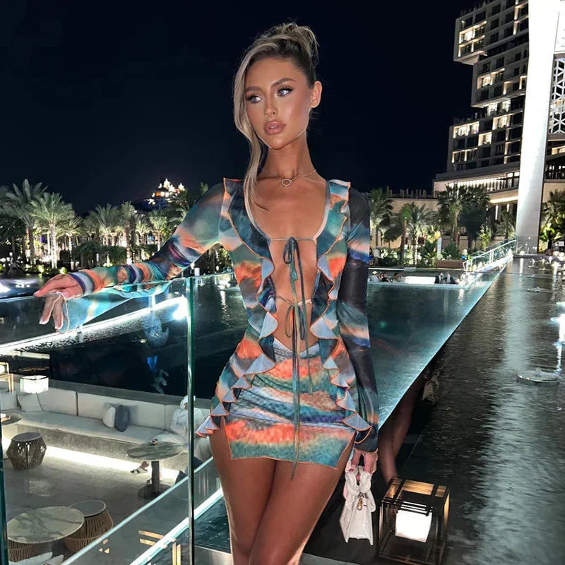 Mesh Long Sleeve Ruffle Cut Out Mini Dress Party 5