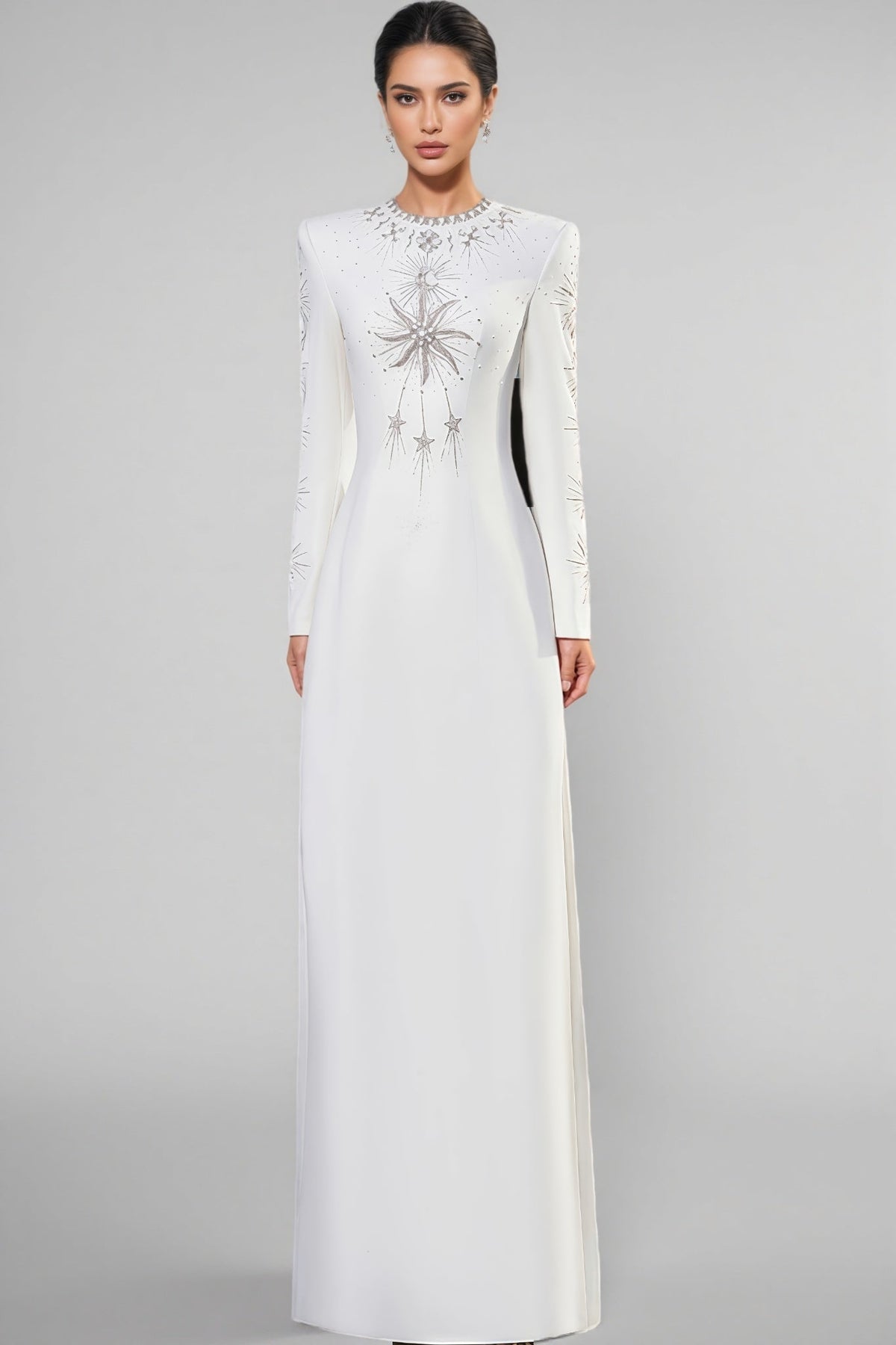 Round Neck Long Sleeve Rhinestone Starburst Beaded Column Maxi Gown