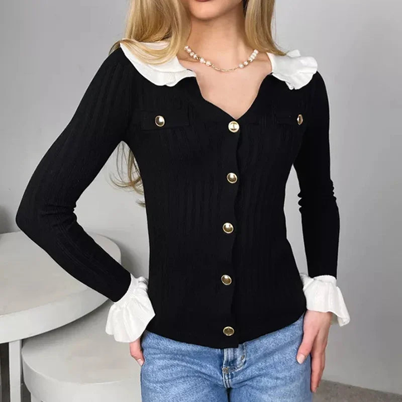 Contrast Ruffle Collar and Cuff Button Front Ribbed Knit Cardigan 7
