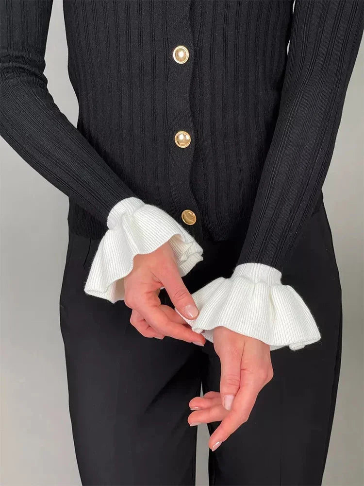 Contrast Ruffle Collar and Cuff Button Front Ribbed Knit Cardigan 3