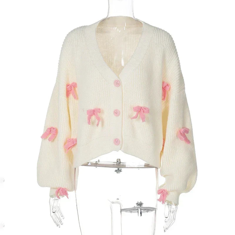 3D Bow Applique V-Neck Button Front Chunky Knit Cardigan 5