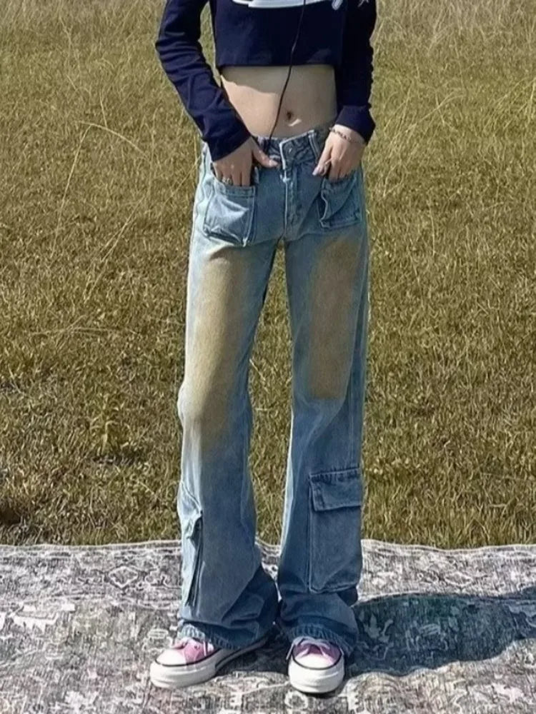 Low Rise Patch Pocket Washed Flare Leg Cargo Jeans