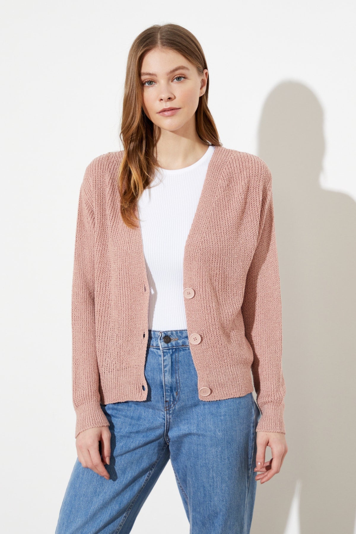 V-Neck Button Front Long Sleeve Open Knit Cropped Cardigan