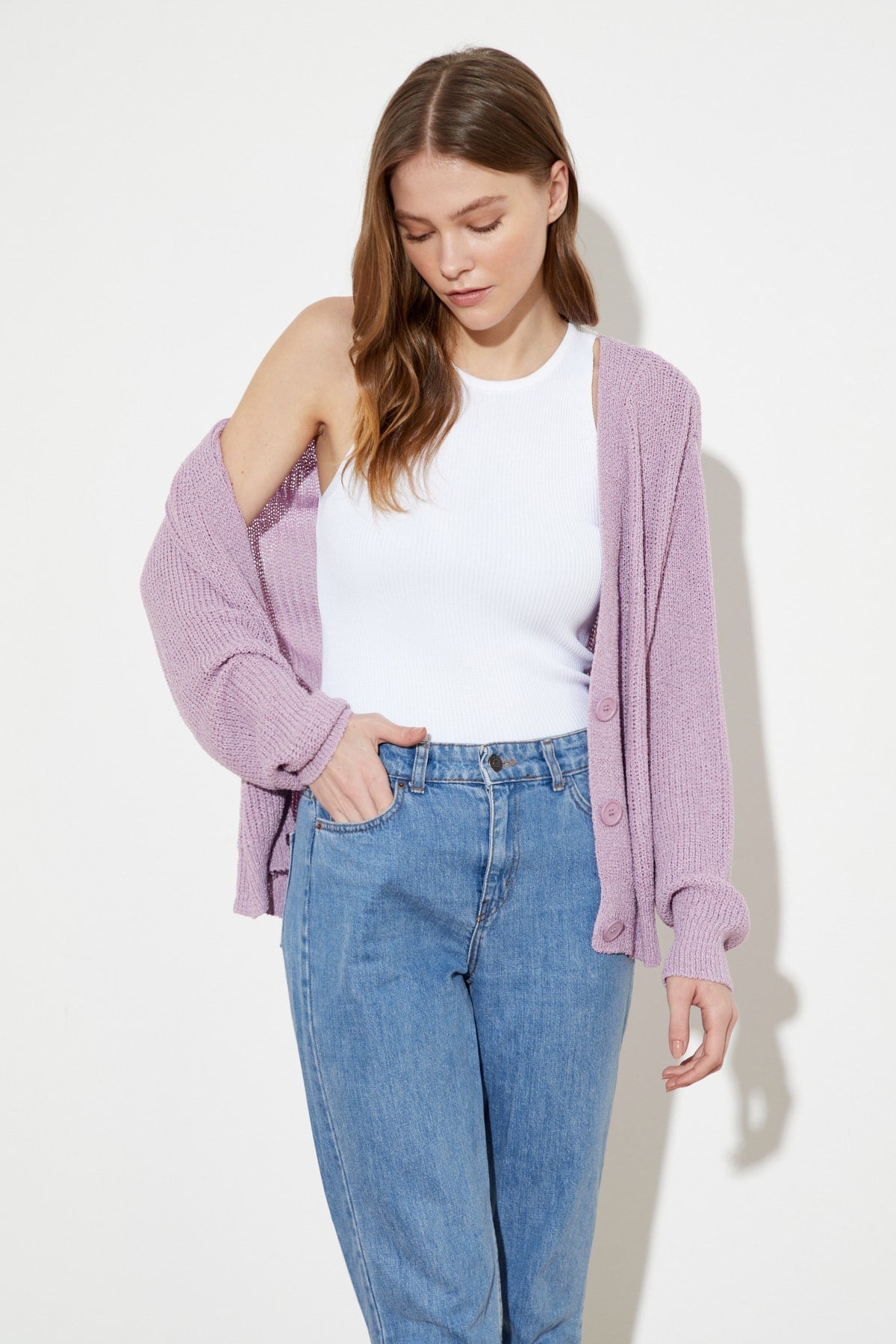 V-Neck Button Front Long Sleeve Open Knit Cropped Cardigan 7