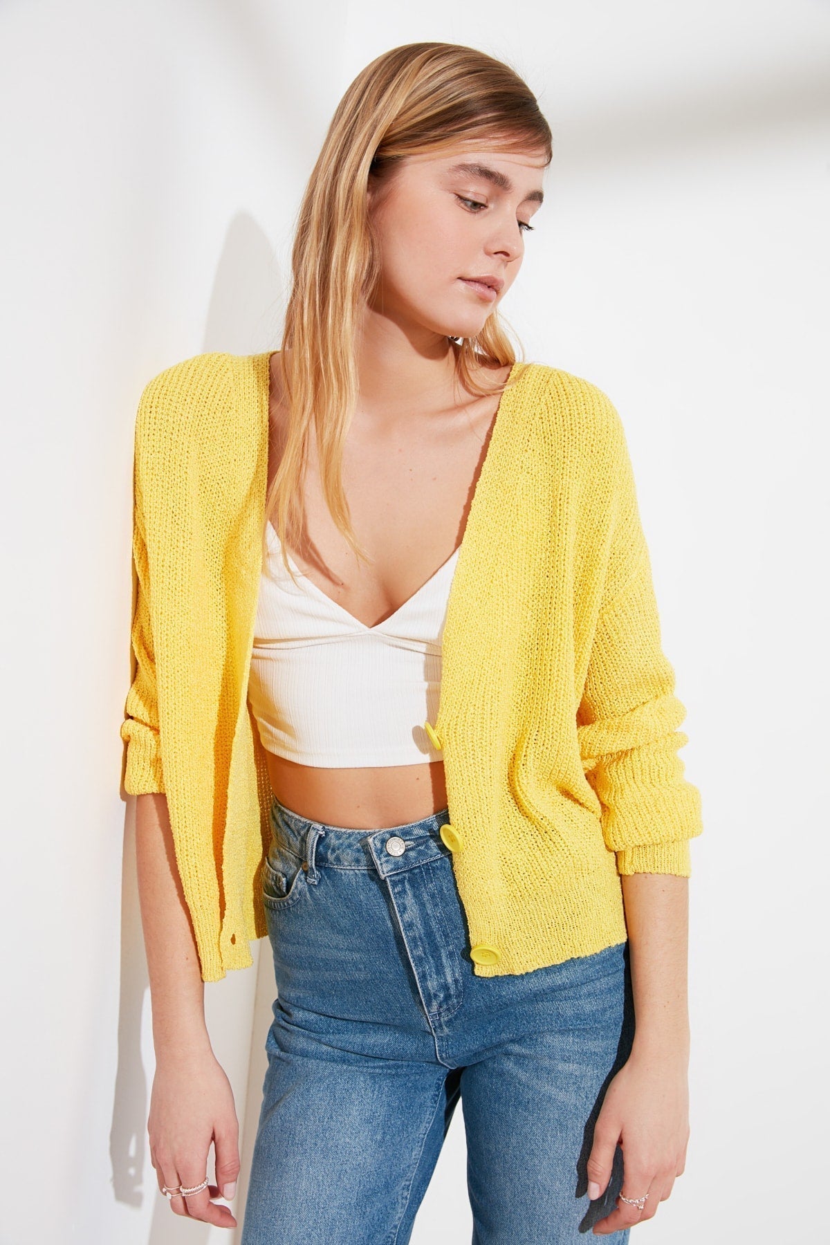 V-Neck Button Front Long Sleeve Open Knit Cropped Cardigan 9