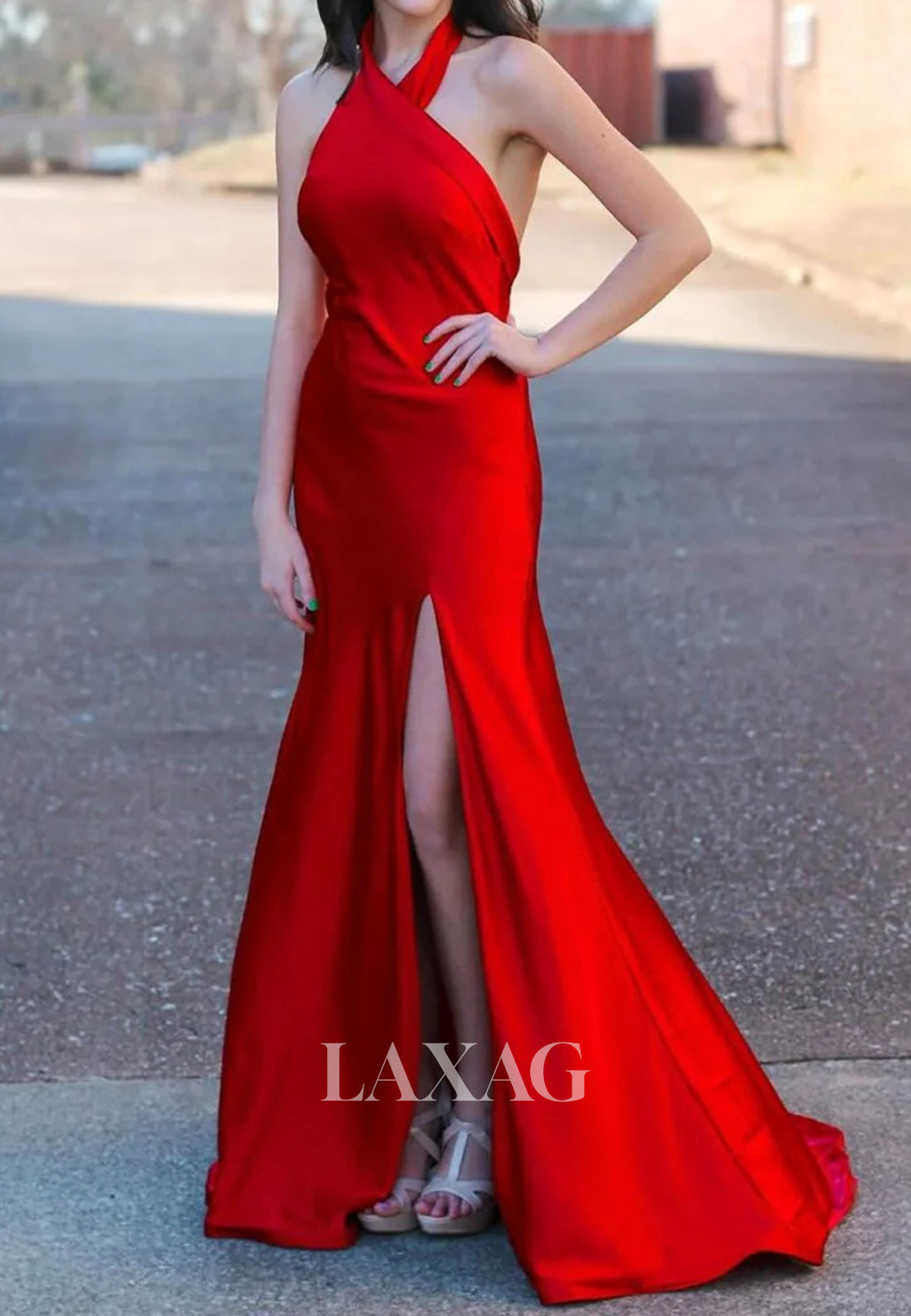 Off-Shoulder Halter-Neck Off-Shoulder Mermaid Prom Dress Sleeveless Pleated Slit Formal Gowns