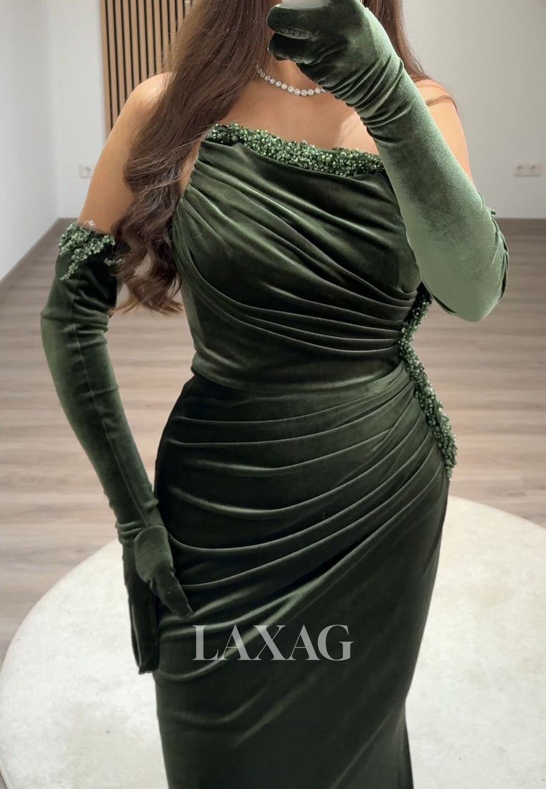 Beaded Tube Top Off-Shoulder Sleeveless Party Gowns Pleated Satin Mermaid Prom Dress with Gloves