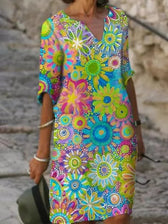 Floral V-Neck Short Sleeve Shift Midi Dress Summer 2