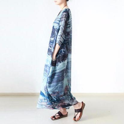 Landscape Print Scoop Neck Elbow Sleeve Pocket Kaftan Asymmetric Hem Maxi Dress