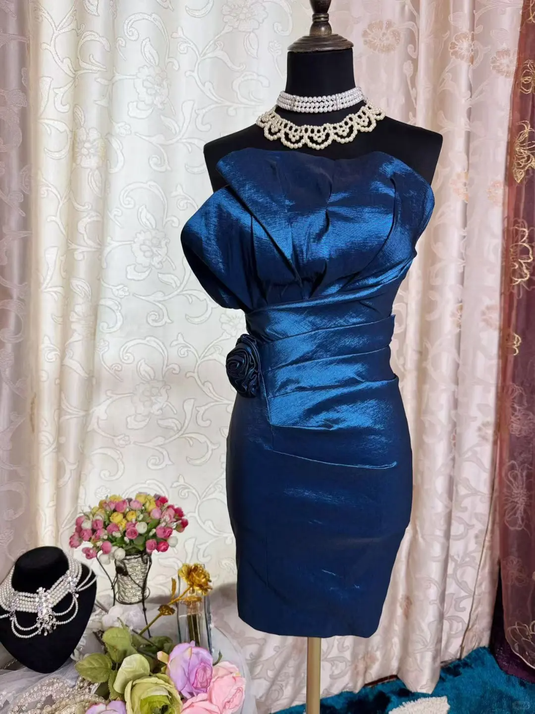 Vintage Strapless Blue Satin Sheath Homecoming Dress Cocktail Dress D1826