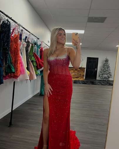 Charming Red Spaghetti Straps Slit Mermaid Evening Dress Formal Prom Dress With Beaded cc1972