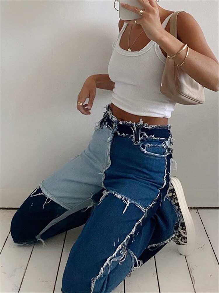 Mojoyce Patchwork Women's Jeans Bicolor Straight Leg Casual Long Pants High Waist Denim Jeans Y2K Fashion Pencil Trousers XXL