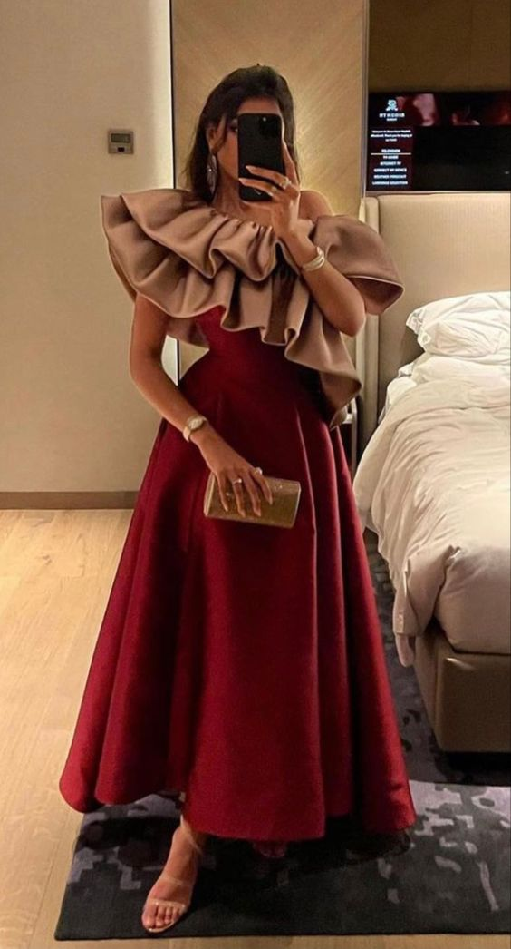 Red Ruffled Neckline A-line Evening Dress cc919