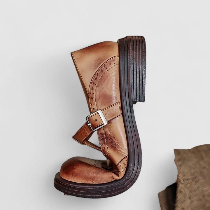 Round Toe T-Strap Buckle Brogue Mary Jane Flats
