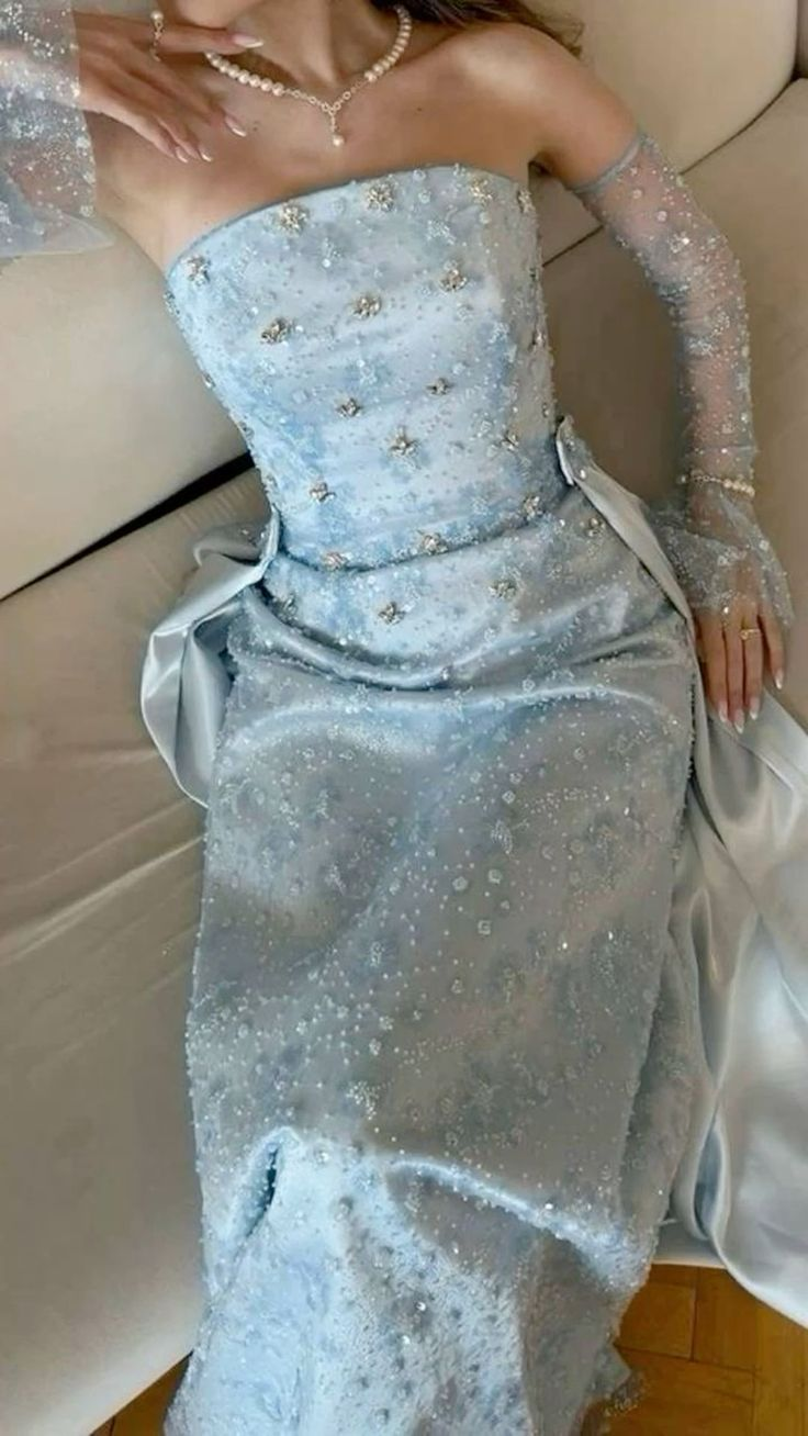 Classy Strapless Light Blue Satin Tulle Beaded Mermaid Prom Dress Long Party Gown D871