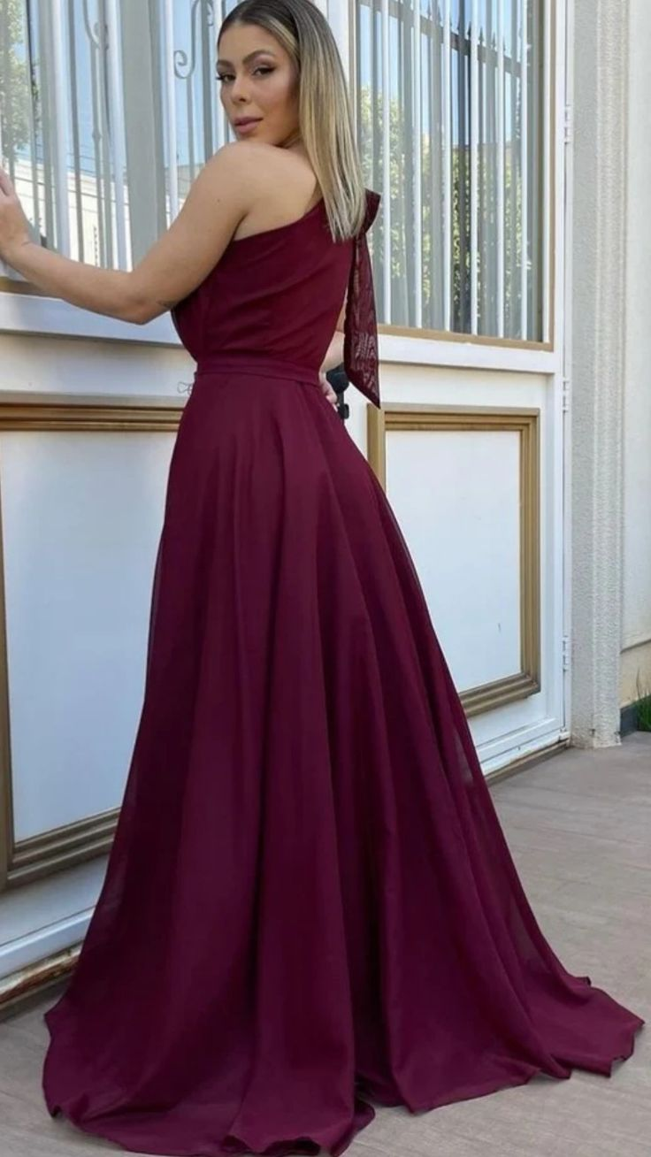 One Shoulder Maroon Chiffon Long Prom Dresses, One Shoulder Formal Evening Dresses cc783