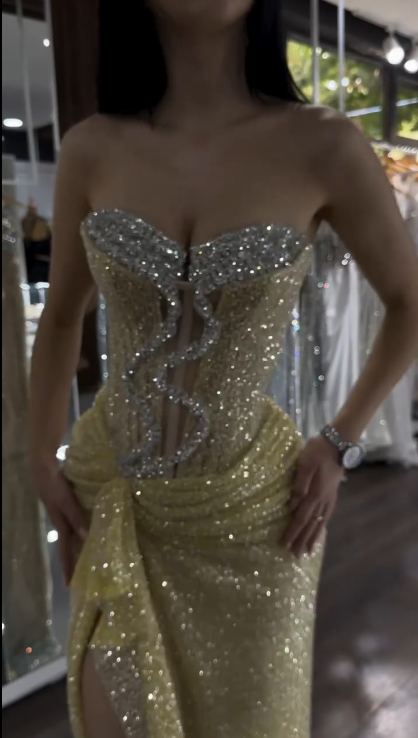 Glitter Strapless Yellow Sequin Beaded Mermaid Slit Evening Dress Formal Birthday Party Dress D1059