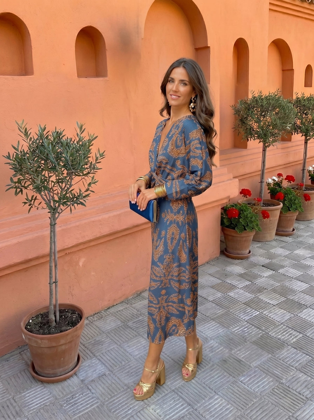 Botanical Print Deep V-Neck Twist Front Long Sleeve Midi Dress