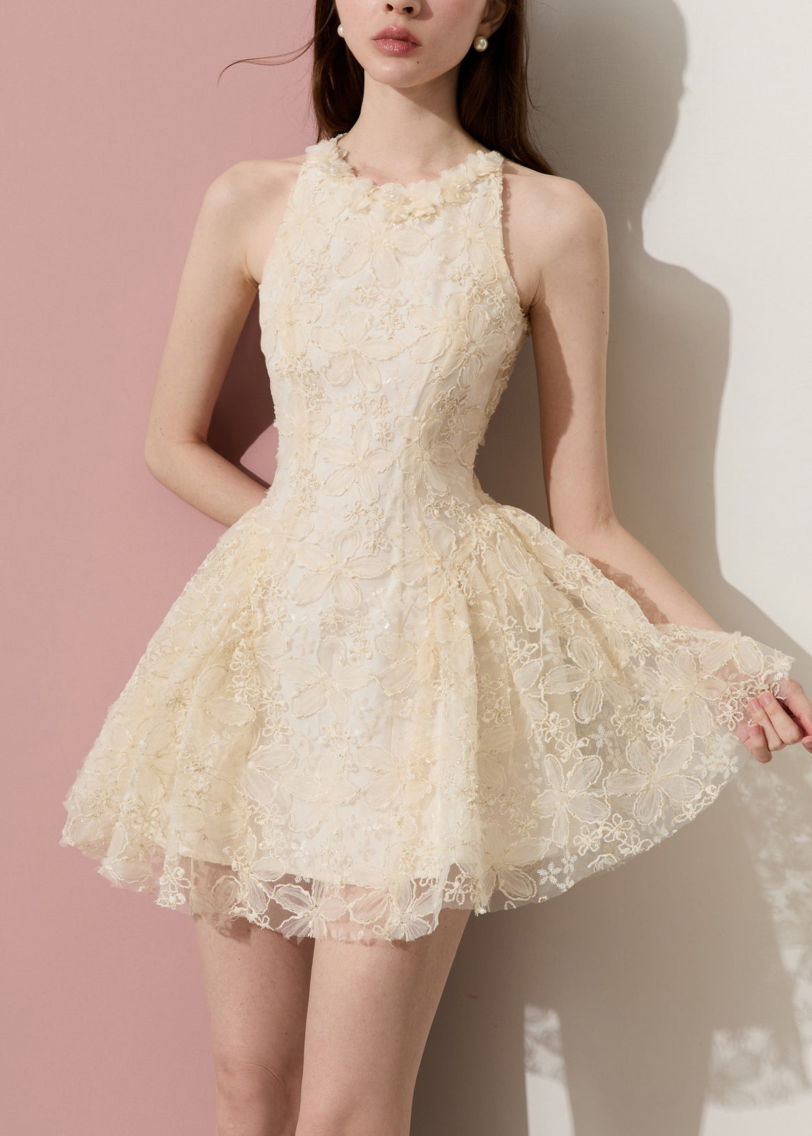 Lace High Neck Ruffle Trim Fit and Flare Scalloped Hem Mini Dress