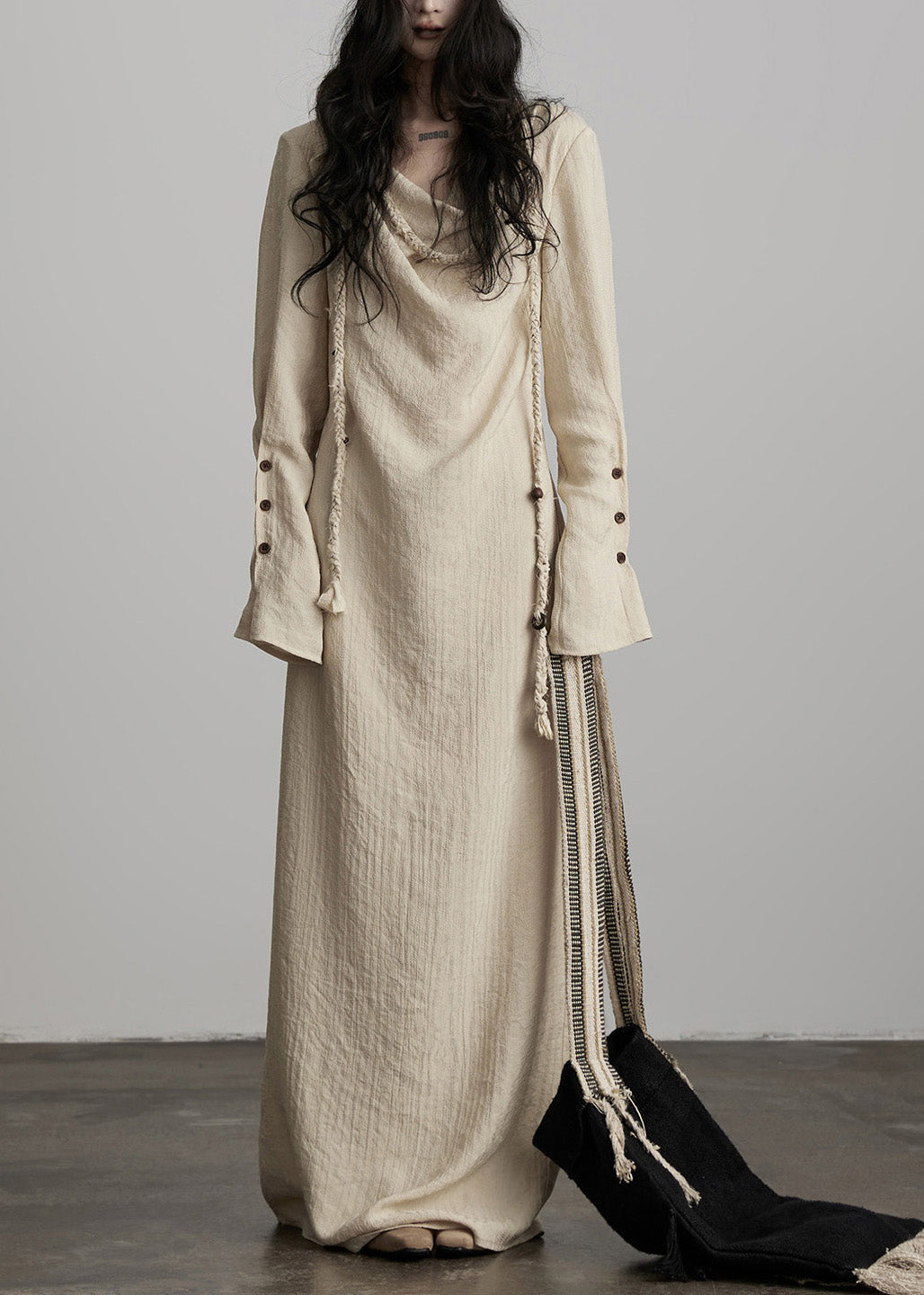 Cowl Neck Long Sleeve Braided Rope Trim Button Cuff Textured Maxi Dress