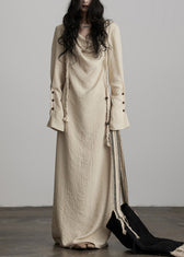 Unique Beige Button Lace Up Cotton Maxi Dress Fall