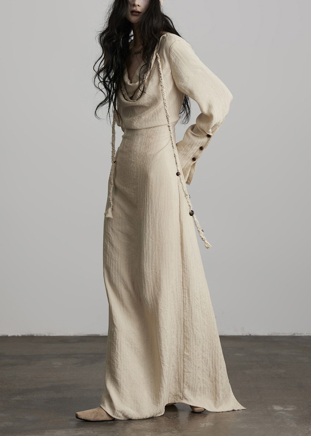 Unique Beige Button Lace Up Cotton Maxi Dress Fall 2