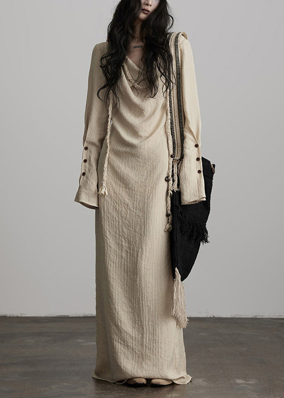 Unique Beige Button Lace Up Cotton Maxi Dress Fall 3