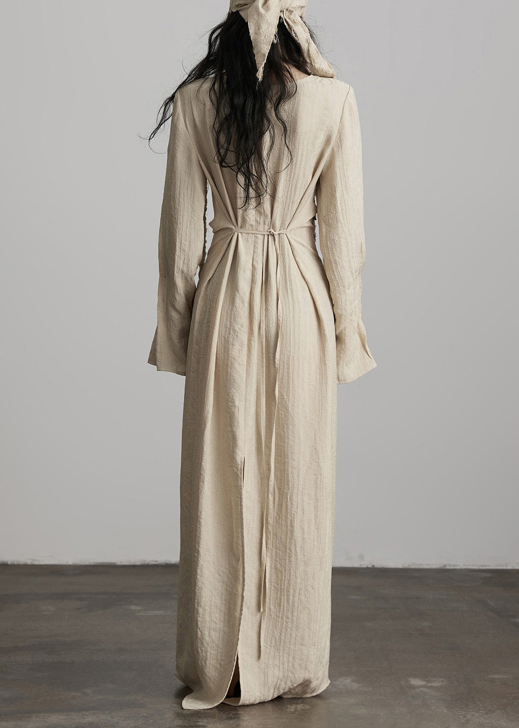 Unique Beige Button Lace Up Cotton Maxi Dress Fall 4