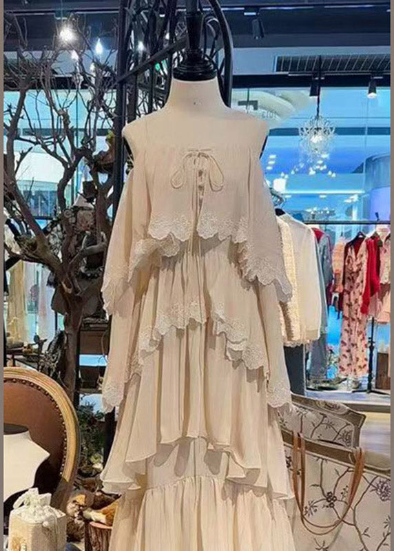 Lace Trim Cold Shoulder Long Sleeve Spaghetti Strap Tiered Ruffle Chiffon Maxi Dress