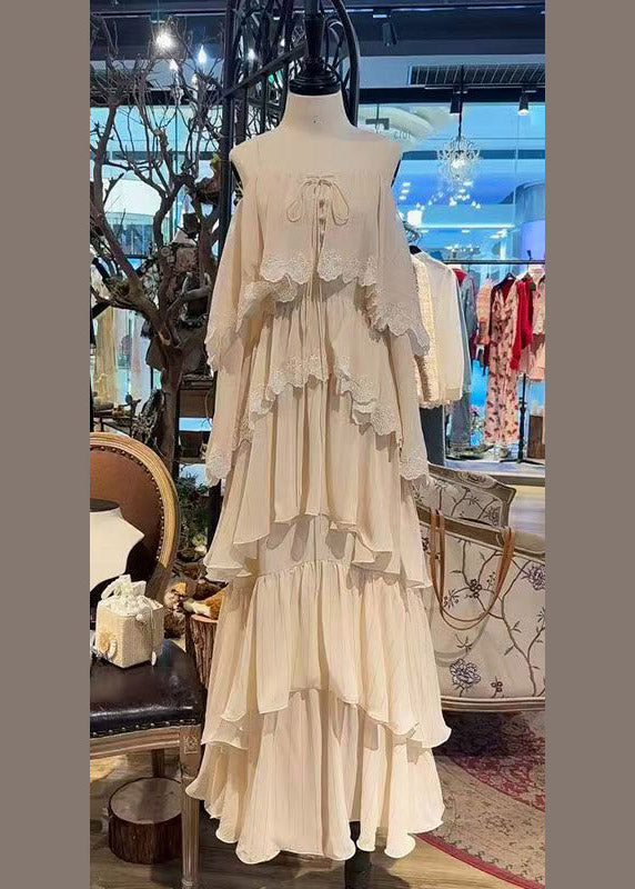 Lace Trim Cold Shoulder Long Sleeve Spaghetti Strap Tiered Ruffle Chiffon Maxi Dress