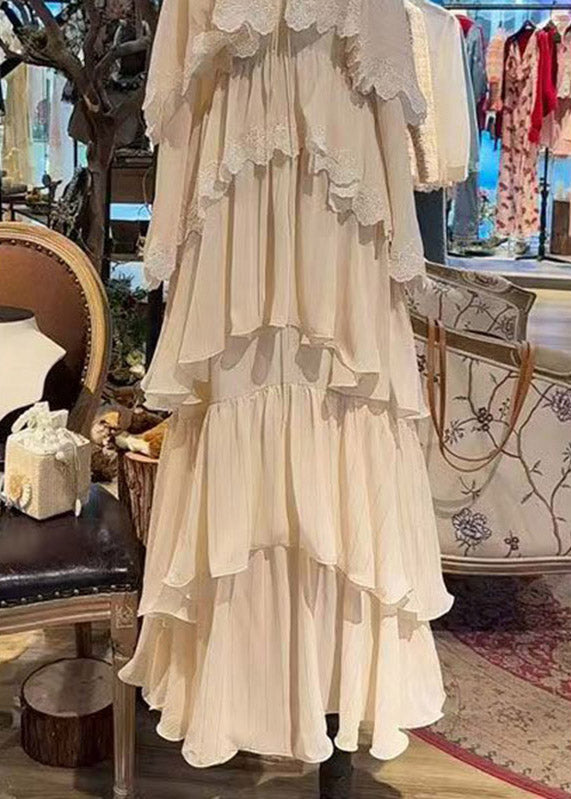 Lace Trim Cold Shoulder Long Sleeve Spaghetti Strap Tiered Ruffle Chiffon Maxi Dress