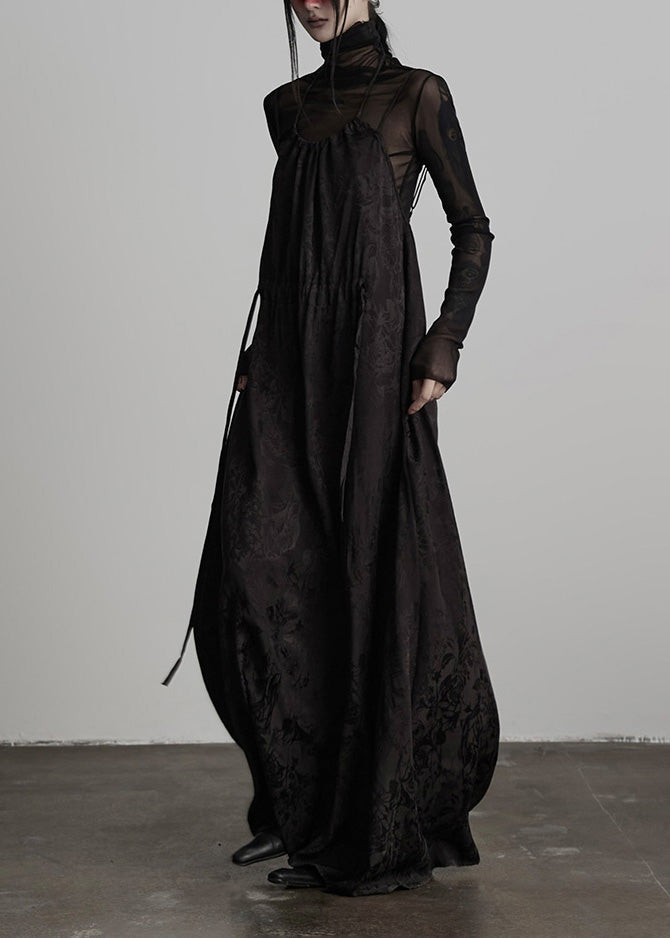 Floral Jacquard Spaghetti Strap Drawstring Loose Maxi Slip Dress