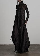 Unique Black Embroidered Lace Up Silk Spaghetti Strap Dress Fall