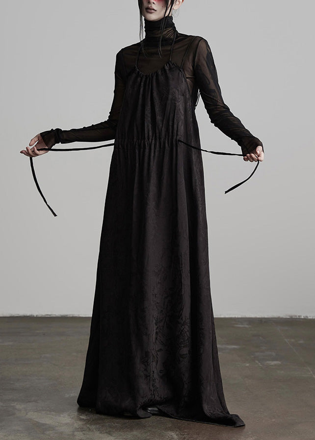 Unique Black Embroidered Lace Up Silk Spaghetti Strap Dress Fall 2